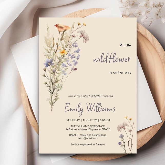 Invitación Un pequeño chica de flores silvestres invito a la  (A little wildflower elegant rustic boho watercolor baby shower invitation, baby in bloom)