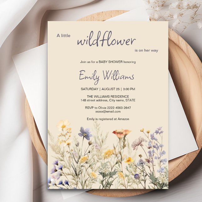 Invitación Un pequeño chica de flores silvestres invito a la  (A little wildflower elegant rustic boho watercolor baby shower invitation, baby in bloom)
