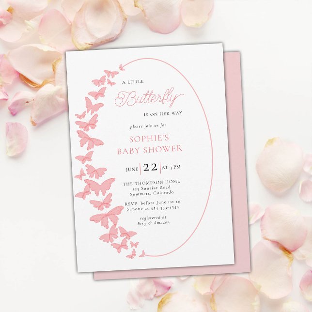 Invitación Un pequeño Chica de Moda de mariposa rosada de Boh (little butterfly baby girl shower invitation boho chic romantic coral pink whimsical elegant classy )
