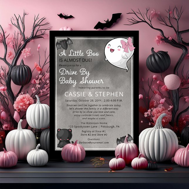 Invitación Un pequeño Chica fantasma de Boo manejado por Baby (Cute "A Little Boo" "Drive By Baby Shower" Girl Coquette Ghost Kawaii Baby Shower Invitation)