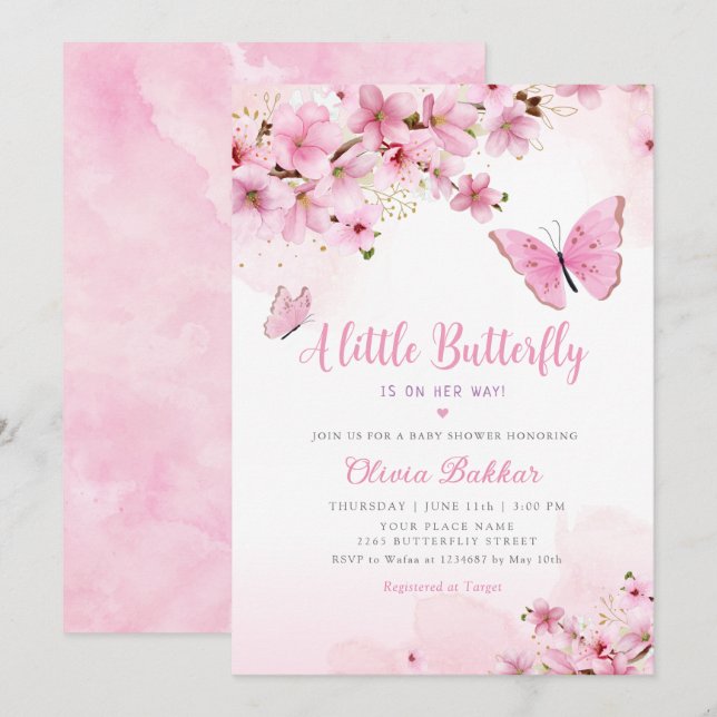 Invitación Un pequeño Chica floral rosa de mariposa Baby Show (Anverso / Reverso)