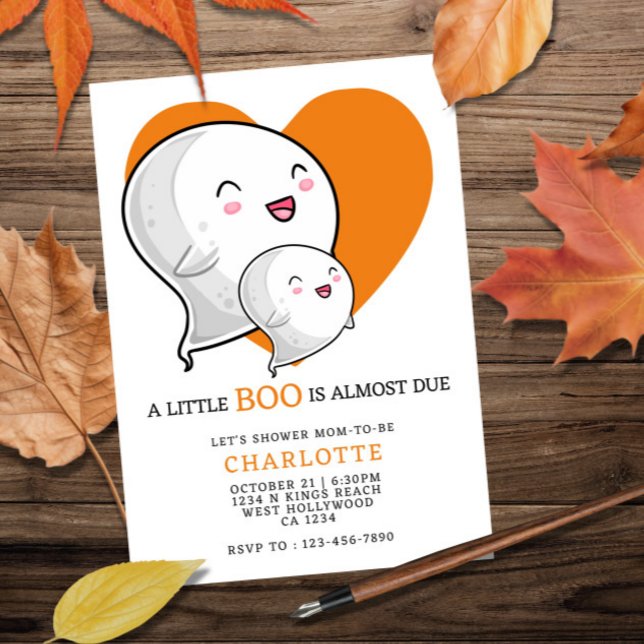 Invitación Un pequeño chicle casi se espera en Baby Shower de (A Little Boo is Almost Due Halloween Baby Shower Invitation from Ricaso. Orange love heart & ghost)