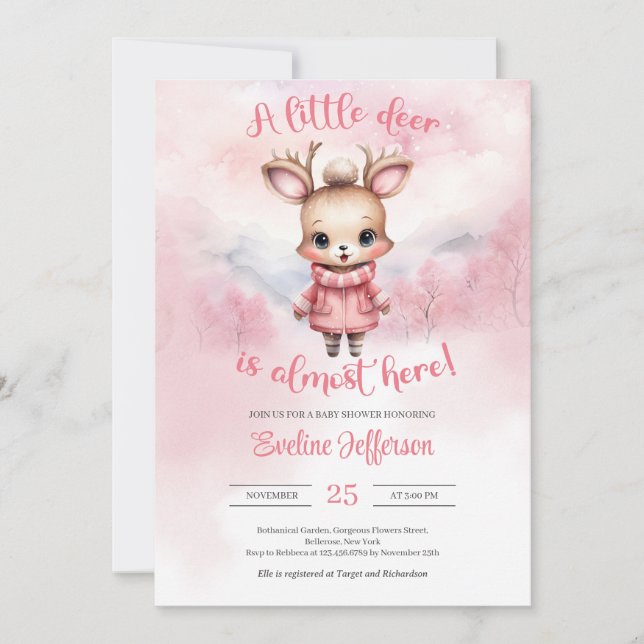 Invitación Un pequeño ciervo casi está aquí en invierno rosa (Anverso)