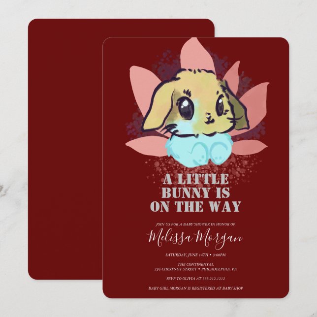 Invitación Un pequeño conejito burdeos Baby Shower (Anverso / Reverso)