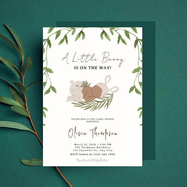 Invitación Un pequeño conejito Chica Baby Shower Greenery (Subido por el creador)