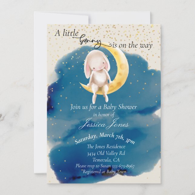 Invitación Un pequeño conejito de estrellas y un Baby Shower  (Anverso)