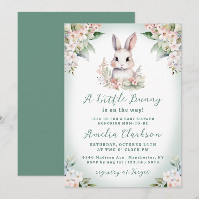 Invitación Un pequeño conejito suave verde y floral Baby Show (Anverso / Reverso)