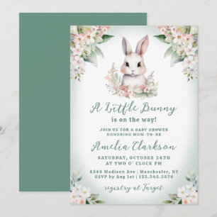 Invitación Un pequeño conejito suave verde y floral Baby Show