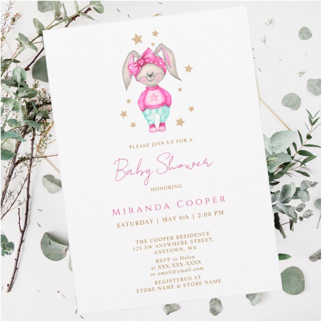 Invitación Un pequeño conejo chica de ducha de bebé rosa Acua (Subido por el creador)