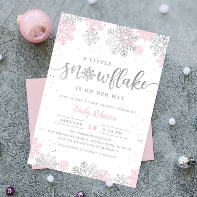 Invitación Un pequeño copo de nieve rosado plateado Baby Show (Subido por el creador)