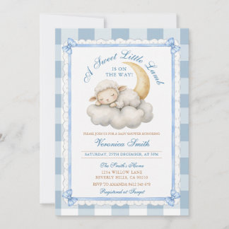 Invitación Un pequeño cordero Cumpleaños de bebé azul a cuadr