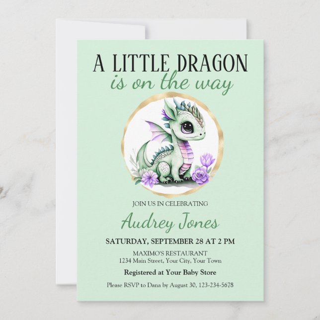 Invitación Un Pequeño Dragón Está En Camino De Baby Shower (Anverso)