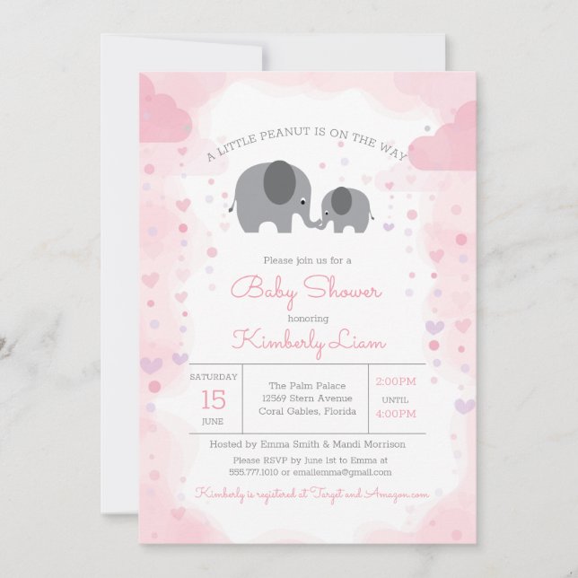 Invitación Un pequeño elefante de cacahuate Chica Baby Shower (Anverso)