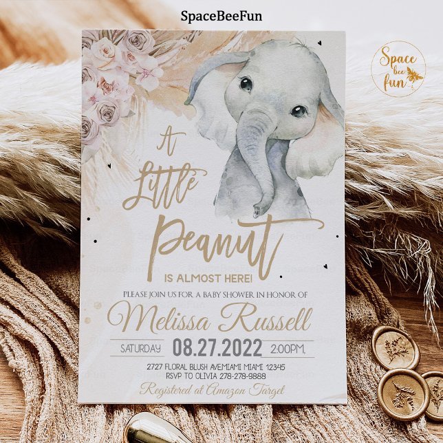 Invitación Un pequeño elefante de cacahuate ducha de bebé Boh (Safari invites,Elephant invite,boho Baby Shower,Invitation,Girl Safari,Elephant Invites,A little pea)