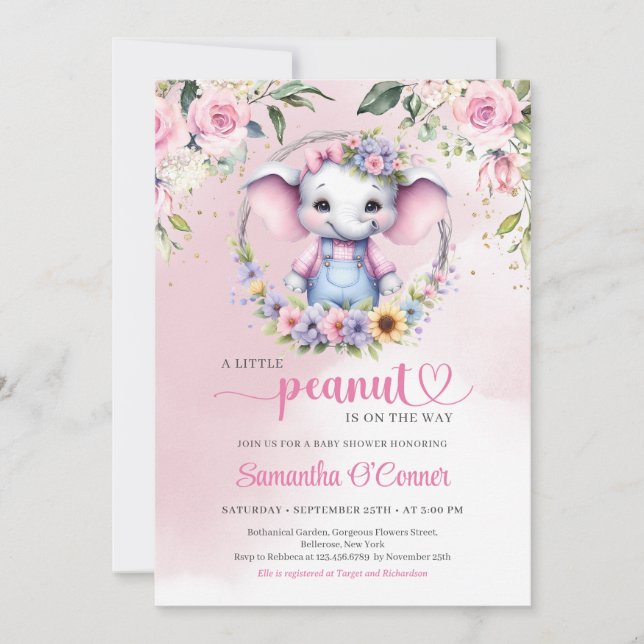 Invitación Un pequeño elefante de cacahuete floral rosa paste (Anverso)