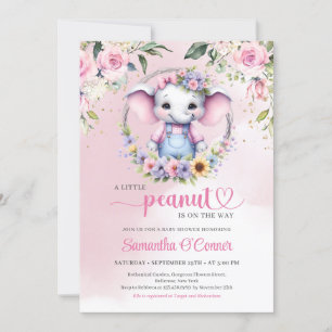 Invitación Un pequeño elefante de cacahuete floral rosa paste