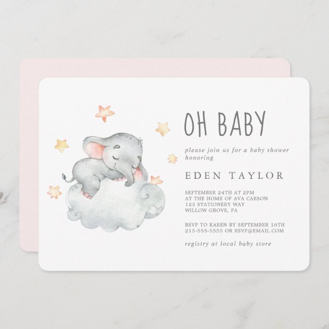 Invitación Un pequeño elefante durmiente Chica Oh Baby Shower (Anverso / Reverso)