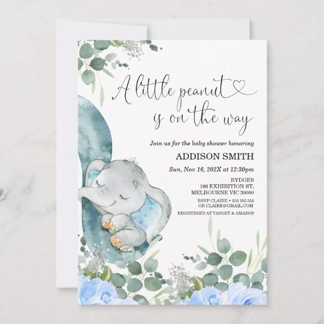Invitación Un pequeño elefante floral de cacahuate en Baby Sh (Anverso)