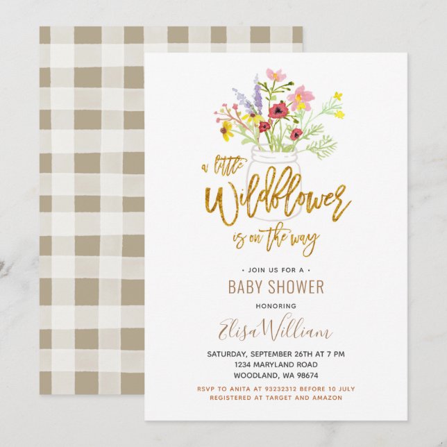 Invitación Un pequeño flor silvestre está en camino a Baby Sh (Anverso / Reverso)