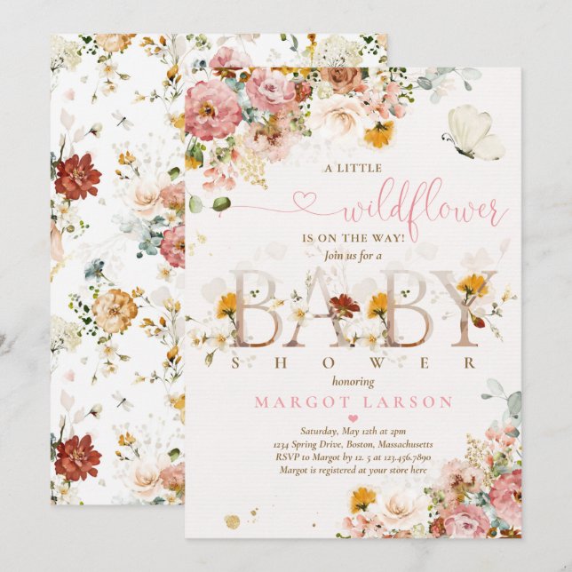 Invitación Un Pequeño Flor Silvestre Está En Camino De Baby S (Anverso / Reverso)
