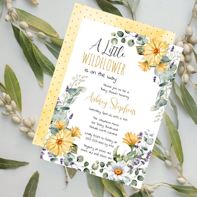 Invitación Un Pequeño Flor Silvestre Está En El Camino Chica  (A Little Wildflower Is On The Way Daisies Eucalyptus and Lavender Floral Girl Baby Shower Invitation)