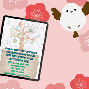 Invitación Un pequeño gorjeo, pájaros acuarela 1er cumpleaños