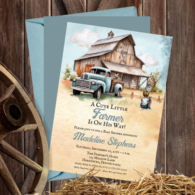 Invitación Un pequeño granjero muy lindo | Truck Boy Baby Sho ("A Cute Little Farmer Is On His Way!" Boy Rustic Barn | Vintage Truck Baby Shower Invitation)