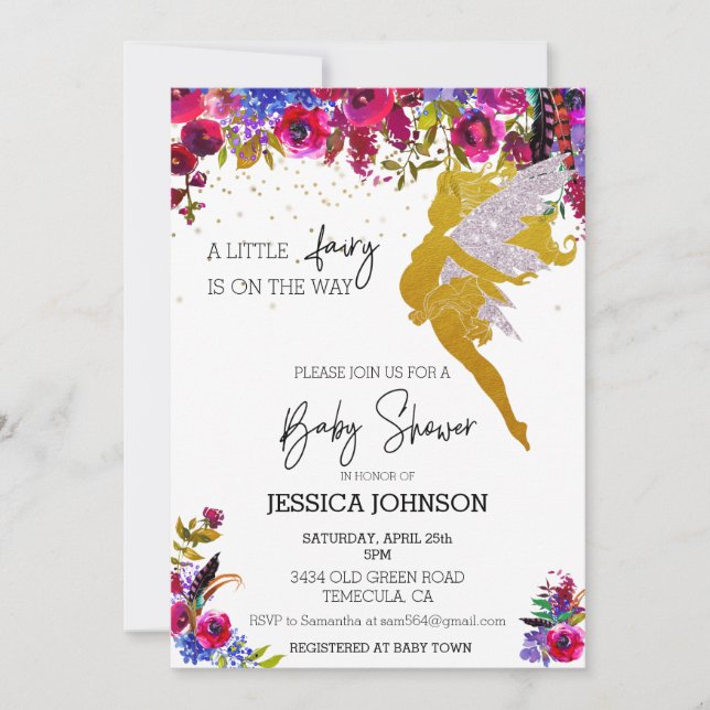 Invitación Un pequeño hada está en camino a Baby Shower Flora (Anverso)