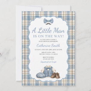 Invitación Un pequeño hombre azul a cuadros vintage con lazo 