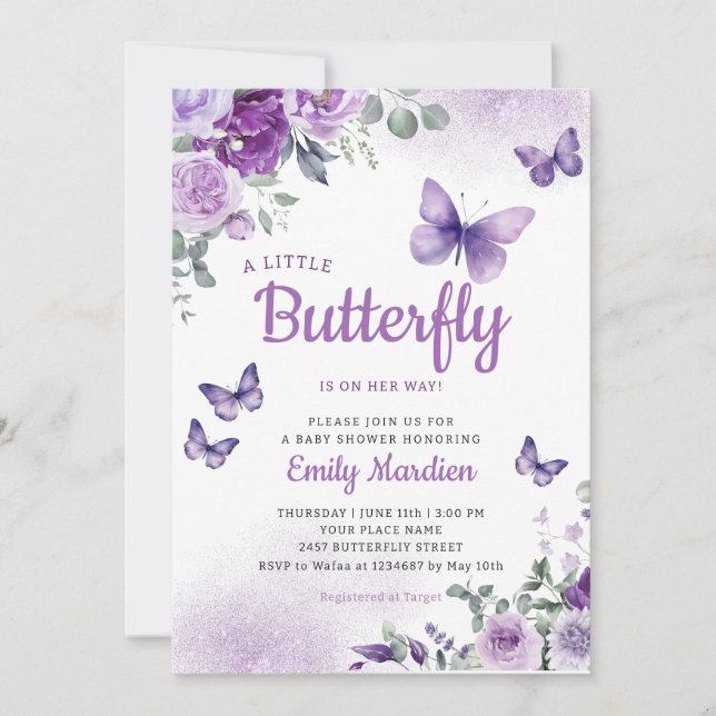 Invitación Un pequeño mariposa Boho Chica morado Baby Shower (Anverso)