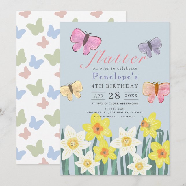 Invitación Un pequeño mariposa Chica de Daffodil Cumpleaños (Anverso / Reverso)