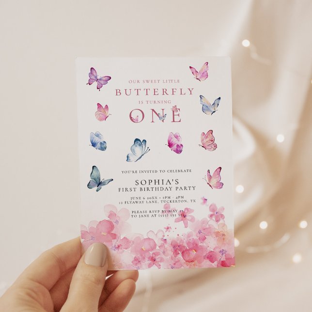 Invitación Un pequeño mariposa floral rosa primer cumpleaños (Subido por el creador)