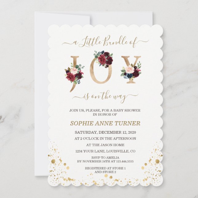 Invitación Un Pequeño Montón De Alegre Burgundy Floral Baby S (Anverso)