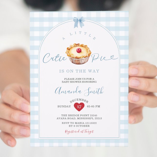 Invitación Un pequeño muelle azul Gingham Cherry Baby Shower (Subido por el creador)