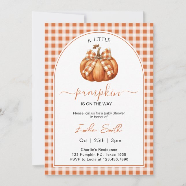 Invitación Un pequeño Naranja de calabaza gingham Baby Shower (Anverso)