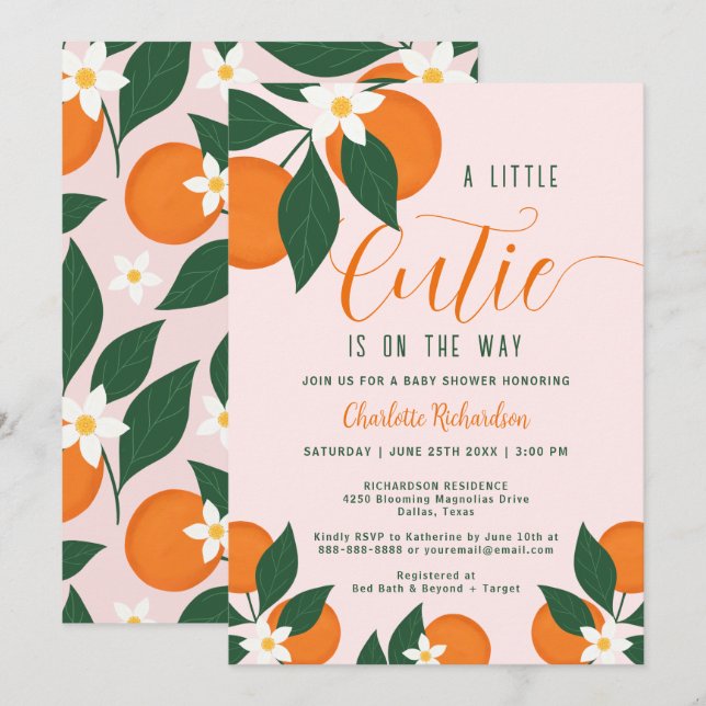Invitación Un pequeño Naranja de Citrus Cutie Baby Shower bot (Anverso / Reverso)