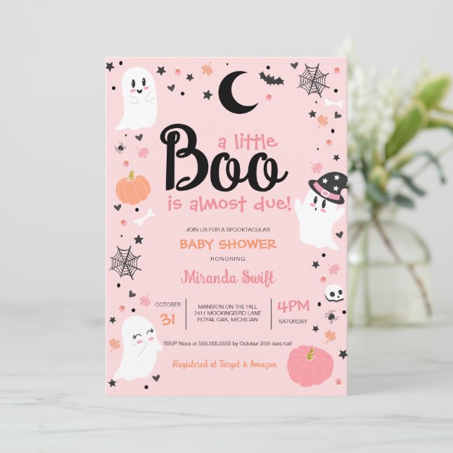 Invitación Un pequeño novio adoró el Baby Shower rosa fantasm (Anverso de pie)