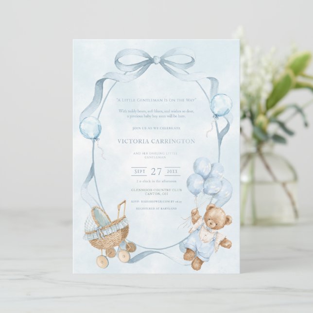 Invitación Un pequeño oso azul globo caballero bebé (Anverso de pie)