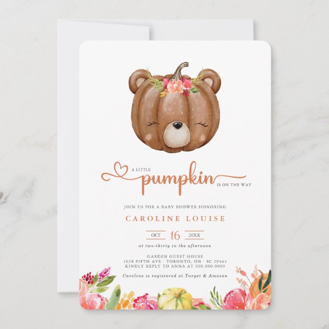 Invitación Un Pequeño Oso De Calabaza Está En Camino De Baby  (Anverso)