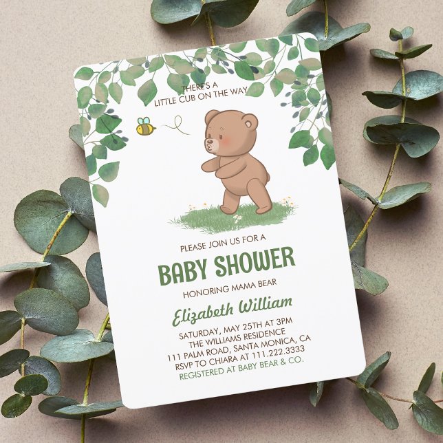 Invitación Un Pequeño Oso En El Camino De Baby Shower (This bear themed design is also available on brown background color)
