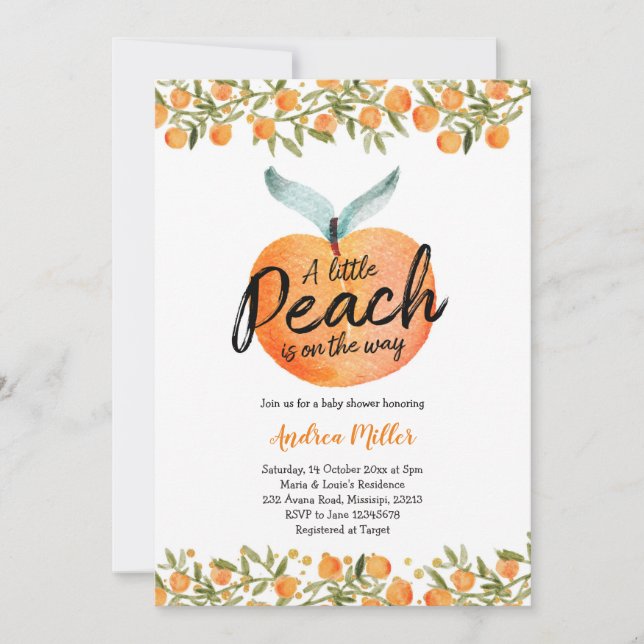 Invitación Un Pequeño Peach está en camino de la ducha de beb (Anverso)