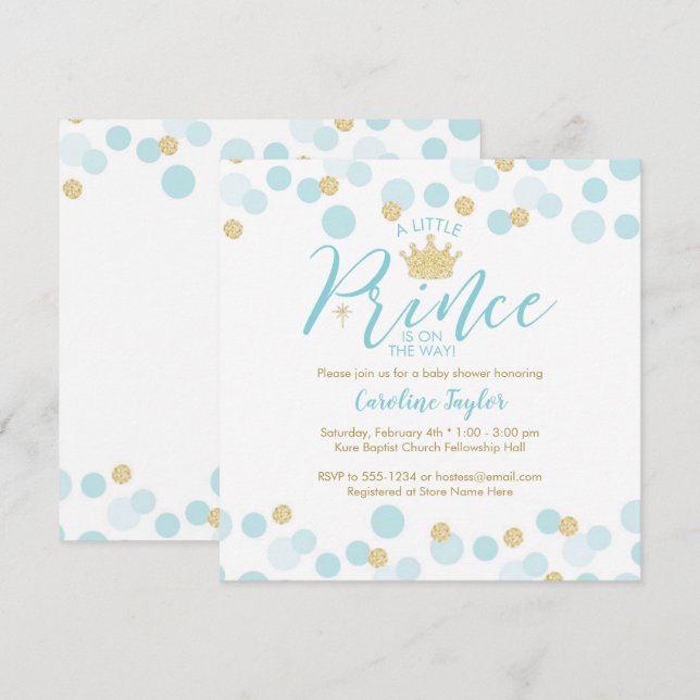 Invitación Un pequeño príncipe Baby Shower Blue Gold Purpurin (Anverso / Reverso)