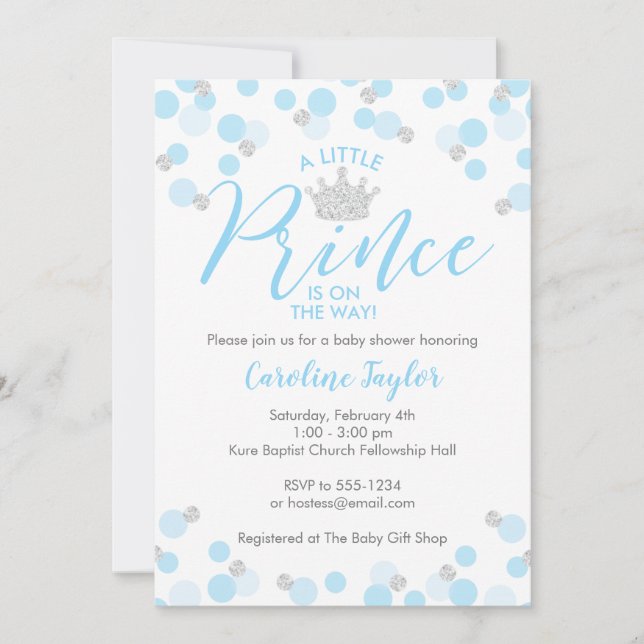 Invitación Un pequeño príncipe Baby Shower Purpurina de plata (Anverso)