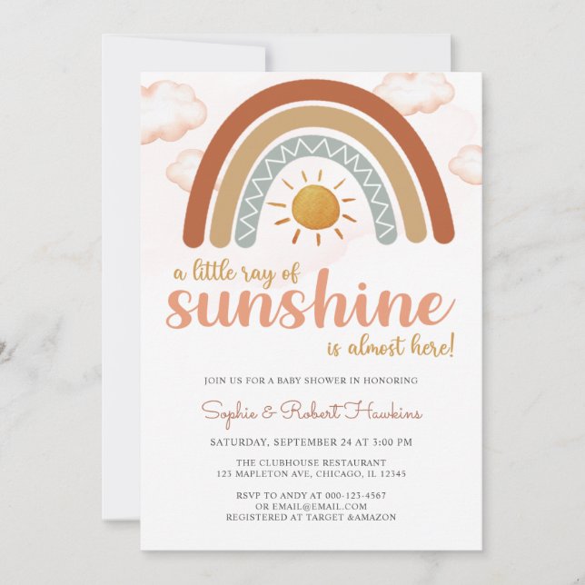 Invitación  Un pequeño rayo de luz solar Boho Rainbow Baby Sh (Anverso)