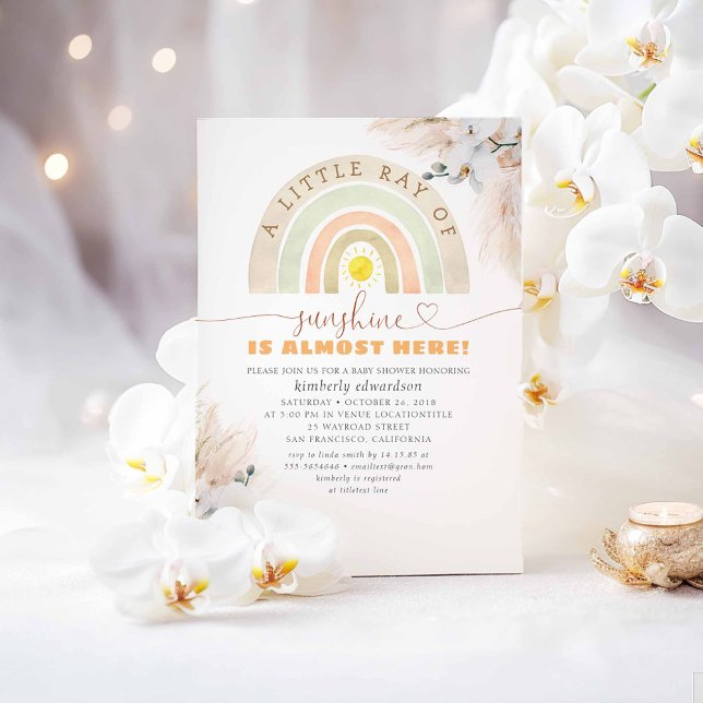 Invitación Un pequeño rayo de sol - Baby Shower arcoiris (A Little Ray Of Sunshine Is Almost Here - Cute Boho Baby Shower Invitations)