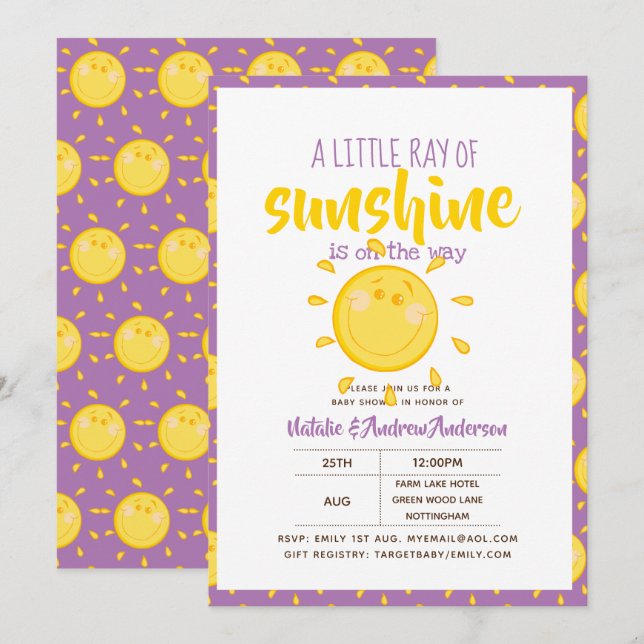 Invitación Un pequeño rayo de SOL está en camino - Púrpura (Anverso / Reverso)