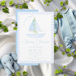 Invitación Un pequeño Skipper Blue Plaid Baby Shower moderno