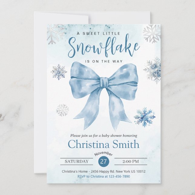 Invitación Un Pequeño Snowflake En El Camino Del Bebé Azul Du (Anverso)