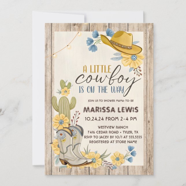 Invitación Un pequeño vaquero está en camino Bleu Amarillo Oc (Anverso)