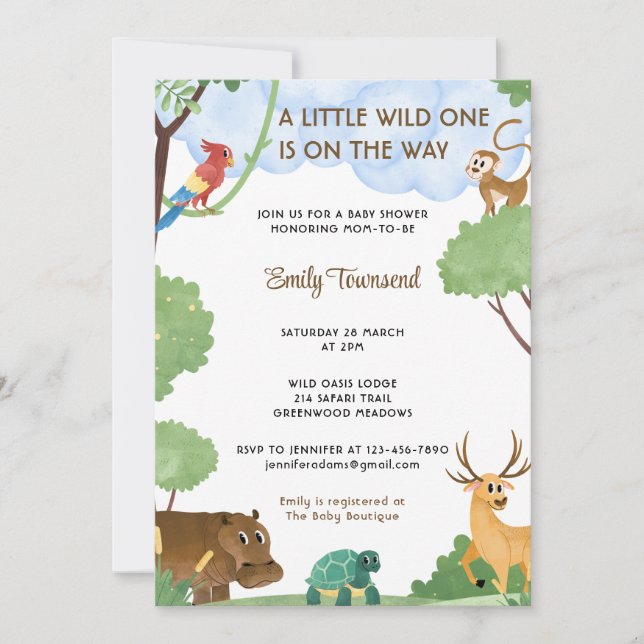 Invitación Un pequeño y salvaje Baby Shower animal (Anverso)